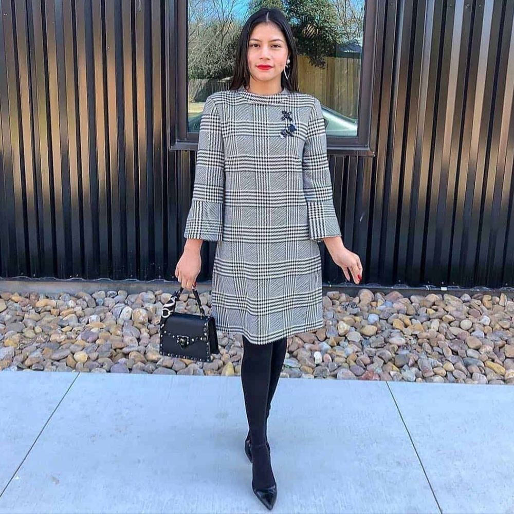 H&M houndstooth dress with brooch sequins